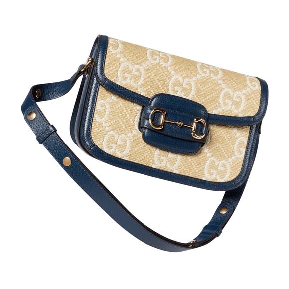 Gucci GG Raffia Calfskin Monogram Horsebit 1955 Mystic White Blue Agata NWT - Picture 3 of 11